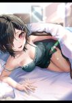  absurdres bare_legs bed bed_sheet bedroom black_hair blurry blurry_background blush bokeh breasts cleavage collarbone come_hither depth_of_field fang fou_(ssqseeker) green_nightgown hair_ornament hair_over_one_eye hairclip highres lens_flare light_particles light_rays looking_at_viewer medium_breasts mole mole_under_eye nightgown off_shoulder open_mouth original red_eyes short_hair smile strap_slip thighs under_covers 