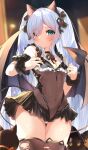  1girl animal_ear_fluff animal_ear_legwear animal_ears azur_lane black_cat blue_eyes blue_hair breasts cat cat_ear_legwear cat_ears covered_navel demon_tail demon_wings fake_animal_ears frilled_leotard frills hair_over_one_eye halloween halloween_costume highres janus_(azur_lane) janus_(fright-night_scaredy-cat)_(azur_lane) leotard light_blue_hair long_hair medium_breasts neck_ribbon ribbon ryoutsu scrunchie see-through tail twintails wings wrist_scrunchie 