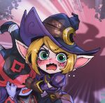  2girls bangs bewitching_tristana black_dress black_gloves black_hair black_headwear blush crescent dress emphasis_lines fang gloves green_eyes hat hiding horns league_of_legends long_hair lulu_(league_of_legends) multiple_girls open_mouth phantom_ix_row pointy_ears puffy_short_sleeves puffy_sleeves red_headwear shadow short_hair short_sleeves skin_fang teemo tristana wicked_lulu witch_hat yordle 