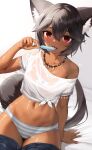  1girl absurdres animal_ear_fluff animal_ears bangs black_hair blush clothes_pull crop_top dark-skinned_female dark_skin food hair_between_eyes highres holding holding_food jewelry long_hair looking_at_viewer mathew_(srmmk_mce) midriff navel necklace on_bed open_mouth original panties popsicle red_eyes short_sleeves simple_background sitting solo striped striped_panties sweat tail tongue tongue_out underwear very_long_hair white_background 