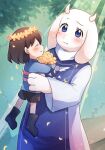  1girl animal_ears bangs black_shorts blue_eyes blue_sweater blush brown_hair closed_eyes flower frisk_(undertale) goat_ears goat_girl holding holding_flower leaf long_sleeves looking_at_another object_hug plant short_hair short_shorts shorts smile striped striped_sweater sweater toriel undertale vines xox_xxxxxx yellow_flower 