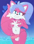  &lt;3 &lt;3_eyes absurd_res alternate_form animal_genitalia animal_penis animate_inanimate anthro balls blue_background blue_eyes blue_hair breast_grab breasts canid canine canine_penis canis fan_character genitals grabbing_own_breast gynomorph hair hand_on_breast hi_res inflatable intersex kate_the_wolf living_inflatable mammal nipples nozzle_on_belly nozzle_on_crotch painted_on_smile penis pink_body ponytail pool_toy sega simple_background sonic_the_hedgehog_(series) toothy_grin trans_(lore) trans_woman_(lore) water wolf 