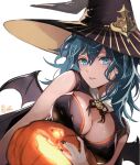  1girl bangs bare_shoulders blue_eyes blue_hair breast_press breast_rest breasts byleth_(fire_emblem) byleth_(fire_emblem)_(female) cleavage fire_emblem fire_emblem:_three_houses halloween halloween_costume hat jack-o&#039;-lantern large_breasts looking_at_viewer medium_hair nijihayashi open_mouth parted_lips pumpkin solo witch_hat 