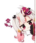  1girl :3 bell blush_stickers chibi closed_mouth gradient_hair hair_bell hair_ornament hololive horns jingle_bell long_sleeves looking_at_viewer mask mask_on_head multicolored_hair muuran nakiri_ayame oni oni_horns oni_mask peeking_out pink_hair purple_eyes simple_background sleeves_past_fingers sleeves_past_wrists solo twitter_username virtual_youtuber white_background 