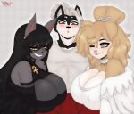 anthro blush breasts bulge canid canine canis choker cleavage clothed clothing exposed_shoulders female group hair hi_res jackal jewelry male male/female mammal necklace nipple_outline one_eye_closed piercing razplus red_eyes rhaja_aaruna trio wink yellow_eyes 