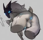  1girl anus ass black_mask body_fur cropped_legs from_below furry furry_female futanari glowing glowing_anus glowing_eyes grey_background grey_fur grey_hair kindred_(league_of_legends) lamb_(league_of_legends) league_of_legends lewdzure long_hair looking_at_viewer looking_back penis penis_peek sheep_tail simple_background solo tail testicles 