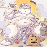  2022 anthro anus balls belly big_belly candy dessert feet food genitals ghost group halloween halloween_costume hi_res holidays jack-o&#039;-lantern kemono male mammal moobs mummy_costume navel nipples overweight overweight_male spirit yuyuitudou 