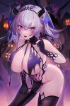  1girl bangs bare_shoulders blush breasts cleavage demon_girl demon_horns facial_mark highres horns large_breasts long_hair looking_at_viewer original pointy_ears purple_hair revealing_clothes solo thighhighs udaruyo 