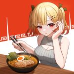  1girl absurdres akky_(akimi1127) bare_arms bare_shoulders blonde_hair blush breasts chopsticks cleavage cleavage_cutout clothing_cutout commentary_request copyright_request food grey_sweater hair_behind_ear hair_ornament hair_tucking hairclip hand_up highres holding holding_chopsticks looking_at_viewer medium_breasts noodles official_art parted_lips ramen red_eyes simple_background sleeveless sleeveless_turtleneck solo sweat sweater turtleneck turtleneck_sweater twintails white_background 
