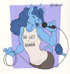  anthro blue_body blue_fur blue_hair bottomwear clothing equid equine eyes_closed freckles_(artist) fur gym_bottomwear gym_clothing gym_shorts hair horn long_hair male mammal microphone open_mouth open_smile raised_finger raised_pinky shirt shorts simple_background singing smile solo tail_tuft tank_top topwear tuft unicorn unicorn_horn 
