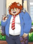  2022 anthro backpack belly big_belly blush book bottomwear clothing detailed_background duo felid hi_res humanoid_hands kemono lifewonders lion male mammal necktie outside overweight overweight_male pantherine pants shirt siokun_dayoo tokyo_afterschool_summoners topwear vapula_(tas) video_games wings 