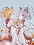  2022 2girls animal_ears animal_hands bai_(granblue_fantasy) bare_shoulders blonde_hair detached_sleeves granblue_fantasy grey_hair highres holding_hands huang_(granblue_fantasy) long_sleeves looking_at_viewer multiple_girls open_mouth outdoors red_eyes short_twintails smile snow snowing standing striped_tail tail takanishi_takashi tiger_ears tiger_girl tiger_paws tiger_tail twintails wide_sleeves 