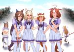  6+girls =_= ^^^ absurdres admire_vega_(umamusume) admire_vega_(umamusume)_(cosplay) ahoge alternate_hairstyle animal_ears bangs biwa_hayahide_(umamusume) blonde_hair blue_ribbon bow bowtie brown_footwear brown_hair closed_eyes cosplay crown domino_mask ear_covers ear_ornament ear_piercing ear_ribbon ears_down el_condor_pasa_(umamusume) frilled_skirt frills grass_wonder_(umamusume) hair_between_eyes hairband hand_on_hip highres holding holding_mask holding_polearm holding_weapon horse_ears horse_girl horse_tail huge_ahoge loafers look-alike mask mask_removed meisho_doto_(umamusume) mini_crown multicolored_hair multiple_girls naginata narita_top_road_(umamusume) open_mouth outdoors petoka piercing pink_hairband pleated_skirt polearm puffy_short_sleeves puffy_sleeves purple_bow purple_bowtie purple_shirt red-framed_eyewear ribbon sailor_collar sailor_shirt school_uniform scrunchie_removed semi-rimless_eyewear shirt shoes short_hair short_sleeves sidelocks single_ear_cover skirt sweat sweating_profusely t.m._opera_o_(umamusume) tail thighhighs tilted_headwear tracen_school_uniform turning_head two-tone_hair umamusume v-shaped_eyebrows weapon white_hair white_sailor_collar white_skirt white_thighhighs zettai_ryouiki 