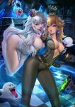  2girls arm_between_breasts bangs bent_over between_breasts black_gloves blonde_hair blue_eyes boo_(mario) breasts checkered_floor cleavage cosplay crown dress earrings felox08 fingerless_gloves ghost_trap ghostbusters gloves halloween jewelry jumpsuit large_breasts long_hair luigi&#039;s_mansion mario_(series) multiple_girls no_bra open_mouth pale_skin panties partially_unzipped princess_king_boo princess_peach purple_eyes red_eyes sharp_teeth super_crown teeth tongue tongue_out underwear white_dress white_gloves white_hair white_panties yuri 