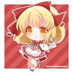  1girl alternate_costume apron blonde_hair bow closed_mouth commentary_request cup detached_sleeves dress frilled_apron frilled_dress frills hair_bow holding holding_tray kanamorimei long_sleeves medium_hair red_bow red_dress red_footwear satsuki_rin smile socks solo striped striped_dress touhou tray vertical-striped_dress vertical_stripes waist_apron waitress white_apron white_sleeves white_socks wide_sleeves yellow_eyes 