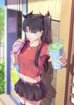  1girl alternate_costume aqua_eyes bangs belt black_hair black_ribbon black_skirt black_thighhighs blurry blurry_background brown_belt casual chinese_commentary crop_top cup day drinking_straw drinking_straw_in_mouth fate/stay_night fate_(series) grin hair_ribbon holding holding_cup incoming_drink long_hair looking_at_viewer midriff miniskirt navel outdoors outstretched_arm pleated_skirt red_shirt ribbon shadow shirt short_sleeves skirt smile solo stomach teeth thighhighs tohsaka_rin two_side_up wooden_wall yeh_(354162698) zettai_ryouiki 
