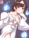  1girl alternate_costume artist_logo bangs blunt_bangs braid breasts brown_eyes brown_hair cleavage commentary_request cowboy_shot dated double_bun ghost grey_background hair_bun hitodama japanese_clothes kanon_(kurogane_knights) kantai_collection kimono long_hair looking_at_viewer no_panties one-hour_drawing_challenge simple_background solo tareme triangular_headpiece twin_braids un&#039;you_(kancolle) white_kimono yawata_maru_(kancolle) 