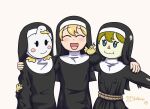  1girl absurdres artist_name bangs bird blonde_hair blush blush_stickers catholic child closed_eyes clumsy_nun_(diva) duck duckling english_commentary female_child habit highres little_nuns_(diva) lord_shatter nun open_mouth scarecrow signature simple_background smile solo white_background 