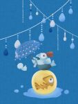  blue_background blue_umbrella bulging_eyes egg fins holding holding_umbrella jellyfish no_humans open_mouth red_eyes red_hair salmonid single_tooth smallfry_(splatoon) solo splat_brella_(splatoon) splatoon_(series) spoon sprikasan teruterubouzu umbrella 