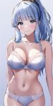  1girl ai-assisted blue_eyes blue_hair blush breasts collarbone commentary earrings english_commentary genshin_impact high_ponytail highres jewelry kamisato_ayaka large_breasts lingerie long_hair looking_at_viewer panties simple_background smile tsurime underwear zzztube 