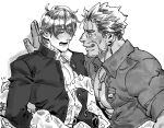  arm_behind_back bara beard belt_buckle blush buckle collared_shirt commentary_request dagon_(housamo) facial_hair flustered flying_sweatdrops gakuran gift greyscale holding holding_gift jewelry kabedon large_pectorals licking_lips long_sideburns looking_at_viewer male_focus master_4_(housamo) mature_male monochrome muscular muscular_male necklace oyatsu_(hana) partially_unbuttoned pectorals school_uniform shirt short_hair sideburns smile stubble sweat tentacles tentacles_under_clothes tokyo_afterschool_summoners tongue tongue_out upper_body white_background yaoi 