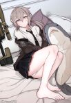  1girl american_flag bangs barefoot bipod black_necktie black_skirt blush bolt_action breast_pocket brown_jacket cheytac_m200 closed_mouth collared_shirt feet full_body girls&#039;_frontline grey_hair gun highres jacket jacket_pull legs long_hair long_sleeves looking_at_viewer lying m200_(girls&#039;_frontline) miniskirt necktie off_shoulder on_side open_clothes open_jacket panties pantyshot pleated_skirt pocket purple_eyes rifle shirt skirt sniper_rifle sniper_scope solo stuffed_animal stuffed_shark stuffed_toy toes twitter_username underwear weapon white_panties white_shirt wing_collar wuwuwu_(kriswu555) 