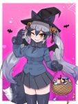  1girl alternate_hairstyle animal_ears aramaru bat_wings black_bow black_bowtie black_fur black_necktie blue_jacket bow bowtie candy extra_ears fangs food fox_ears fox_girl fox_tail fur-trimmed_sleeves fur_trim grey_hair halloween halloween_costume hat highres jack-o&#039;-lantern jacket kemono_friends kemono_friends_3 long_hair looking_at_viewer necktie one_eye_closed pleated_skirt silver_fox_(kemono_friends) skirt smile solo tail thighhighs twintails very_long_hair wings witch witch_hat 