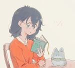  1girl alternate_costume black_hair blue_eyes blush book chair commentary_request glasses highres kaban_(kemono_friends) kemono_friends long_sleeves lucky_beast_(kemono_friends) reading red_sweater short_hair sitting solo sweater table wamawmwm 