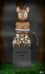  absurd_res blush breasts buildy fatherkarn_(artist) female grave half_naked halloween hi_res holidays mammal mummy_costume murid murine rat rodent solo 