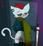  absurd_res annoyed anthro blood bodily_fluids bottomwear bottomwear_down clothed clothing domestic_cat felid feline felis female genital_fluids genitals hi_res holding_object holding_sword holding_weapon in_heat leaking looking_at_viewer looking_back mammal melee_weapon palecat pants pants_down partially_clothed pussy pussy_juice scratches solo sword weapon whiskers wounded yaldabroth 