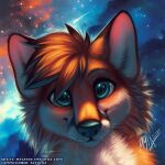  1:1 2021 ambiguous_gender anthro artist_name black_nose blue_eyes bust_portrait cheek_tuft closed_smile cloud cosmic_background dated facial_tuft fangs front_view fur glistening glistening_eyes glistening_nose hair hi_res looking_at_viewer mouth_closed mylafox nebula nude orange_body orange_fur orange_hair portrait shooting_star short_hair signature solo space space_background text tuft url whiskers white_body white_fur 