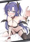  1girl bangs bare_shoulders black_bra black_panties black_thighhighs blue_archive blush bra breasts chain cleavage collar collarbone condom condom_wrapper covered_nipples cuffs demon_tail fangs fpanda garter_straps groin highres long_hair looking_at_viewer medium_breasts navel on_bed open_mouth panties parted_bangs purple_eyes purple_hair reaching_out shackles signature single_thighhigh sitting skin_fangs solo tail thighhighs two_side_up underwear v-shaped_eyebrows wariza wings yuuka_(blue_archive) 
