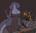  2022 absurd_res anthro apron big_breasts blacksmith bodily_fluids breasts cleavage clothed clothing curvy_figure digital_media_(artwork) dragon duo eyelashes female hi_res huge_hips legwear looking_at_viewer male reptile sanfingulipunrapin scalie snake sweat thick_thighs thigh_highs voluptuous wide_hips 