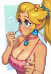  1girl alternate_costume alternate_hairstyle applying_makeup bangs blonde_hair blue_eyes blush breasts cleavage close-up cosmetics crown earrings highres holding holding_lipstick_tube jewelry large_breasts lips lipstick lipstick_tube long_hair makeup mario_(series) open_mouth parted_lips pink_lips ponytail princess_peach riz solo upper_body 
