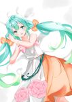  1girl absurdres bangs bare_arms bare_shoulders bed_sheet bow collarbone commentary_request dress flower green_eyes green_hair hair_bow hands_up hatsune_miku highres long_hair orange_bow pink_flower pink_rose rose solo twintails very_long_hair vocaloid white_dress yukaa 