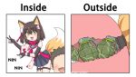 2koma animal_humanoid black_clothing black_gloves black_handwear blue_archive bottomwear braided_hair buttplug canid canid_humanoid canine canine_humanoid clothing comic commentary_request cross_section english_text explosives female fluffy fluffy_tail fox_humanoid fox_shadow_puppet fox_tail gesture gloves greenteaneko grenade hair handwear hi_res humanoid humor izuna_(blue_archive) looking_at_viewer male mammal mammal_humanoid open_mouth plug_(sex_toy) scarf sex_toy simple_background skirt text video_games weapon what 