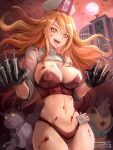  1boy 1girl :d absurdres alternate_breast_size animal artist_name bat_(animal) black_gloves blonde_hair blood blood_on_breasts blood_on_clothes blood_on_face blood_on_leg bra breasts chainsaw_man claw_pose claw_ring demon_girl demon_horns denji_(chainsaw_man) english_commentary floating_hair full_moon gloves halloween hands_up hat highres horns hospital jammeryx large_breasts long_hair looking_down meowy_(chainsaw_man) moon nurse_cap open_mouth orange_sky outdoors panties pet_cone pochita_(chainsaw_man) power_(chainsaw_man) red_bra red_horns red_panties sharp_teeth shrug_(clothing) signature sky smile solo_focus stethoscope symbol-shaped_pupils syringe teeth underwear v-shaped_eyebrows web_address yellow_eyes 
