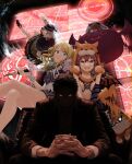  1boy 4girls ahoge amai_tsutomu animal_ears animal_hood arm_support bandana black_capelet black_jacket blonde_hair blue_dress blue_eyes breasts brown_dog business_suit capelet chair check_commentary commentary_request crop_top crossed_legs dark_background debi_tarou demon demon_wings detached_sleeves dog dog_ears dog_hood dog_tail dress evil_smile eyelashes fangs flying flying_sweatdrops formal frilled_skirt frills futon ghost green_skirt grey_hair hachimiya_meguru hair_between_eyes hair_ornament hairclip hat highres holding holding_knife hood idolmaster idolmaster_shiny_colors interlocked_fingers jacket knife komiya_kaho large_breasts legs long_sleeves looking_at_viewer lying mamemaru_(shiny_colors) midair multiple_girls navel nose_bubble osaki_tenka puffy_short_sleeves puffy_sleeves purple_headwear purple_shorts purple_sleeves red_bandana red_hair screen serizawa_asahi shaded_face shiba_inu shirt short_hair short_sleeves shorts single_detached_sleeve single_sleeve sitting skirt sleeping smile srysry_p stomach suit sunglasses tail tail_wagging thighhighs thighs twintails v-shaped_eyebrows wavy_hair white_shirt white_thighhighs wings wrist_cuffs 