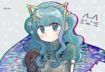  1girl aqua_eyes aqua_hair aqua_sweater armor bangs blunt_bangs blush breastplate brown_gloves cat_symbol clenched_hand closed_mouth crown_(symbol) dot_mouth fold-over_gloves futaba_sana glitch gloves hair_ornament hand_up jewelry looking_at_viewer magia_record:_mahou_shoujo_madoka_magica_gaiden magical_girl mahou_shoujo_madoka_magica medium_hair necklace paw_pose portrait ribbed_sweater sidelocks solo star_(symbol) star_hair_ornament star_in_eye starry_background sweater symbol_in_eye totte turtleneck turtleneck_sweater wavy_hair 