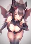  1girl akuma_(st.takuma) animal_ear_fluff animal_ears ass_visible_through_thighs bangs bare_shoulders bat_wings black_gloves black_hair black_leotard black_thighhighs blue_eyes breasts cleavage_cutout clothing_cutout collarbone commentary cowboy_shot elbow_gloves extra_ears fang finger_to_mouth gloves grey_background grey_wolf_(kemono_friends) hair_between_eyes heterochromia highres horns kemono_friends large_breasts leotard long_hair looking_at_viewer multicolored_hair open_mouth pointy_ears simple_background solo symbol-only_commentary thigh_gap thighhighs two-tone_hair white_hair wings wolf_ears wolf_girl yellow_eyes 