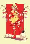  1girl :d absurdres blonde_hair blood blood_on_face blood_on_hands cosplay flandre_scarlet from_below hands_up highres open_mouth red_eyes ronald_mcdonald ronald_mcdonald_(cosplay) skull smile solo touhou ultragruntyy wings yellow_background 