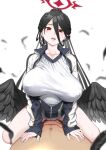  1boy 1girl absurdres black_hair black_wings blue_archive blush bottomless breasts covered_nipples feathered_wings feathers gym_uniform hair_between_eyes hasumi_(blue_archive) hasumi_(gym_uniform)_(blue_archive) hetero highres jacket large_breasts long_hair looking_at_viewer mole mole_under_eye official_alternate_costume open_mouth ponytail pov red_eyes sex shiwasu_no_okina simple_background sleeves_past_wrists sweat white_background wings 