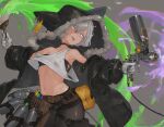  1girl animal_hood armpits art_brush bangs bare_shoulders belt black_jacket black_shorts breasts cowboy_shot gloves grey_background holding hood hooded_jacket jacket looking_at_viewer midriff n9+ navel original paint paint_splatter paintbrush pantyhose shirt short_hair shorts solo thigh_strap thighs tongue tongue_out white_eyes white_gloves white_hair white_shirt 