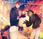  animal_ears animal_hands animal_hood axis_powers_hetalia black_hoodie blonde_hair blue_eyes blurry blurry_background brothers fangs germany_(hetalia) gloves hair_slicked_back halloween halloween_costume himaruya_hidekazu hood hoodie kemonomimi_mode looking_at_viewer male_focus muscular muscular_male official_art open_mouth pants paw_gloves prussia_(hetalia) rabbit_hood shaded_face siblings tail white_hair white_pants wolf_boy wolf_ears wolf_tail 