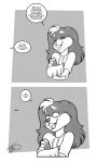  2_panel_comic anthro bodily_fluids canid canine canis cheek_tuft clothing crossed_arms dialogue dialogue_box domestic_dog english_text eyes_closed facial_tuft fangs floppy_ears freckles_(artist) greyscale hoodie humor male mammal monochrome open_mouth open_smile pecas_(freckles) smile solo tears tears_of_pain text topwear tuft 