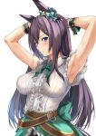  1girl absurdres animal_ears armpits arms_behind_head back_bow belt blush bow bowtie breasts brown_hair closed_mouth cowboy_shot frilled_skirt frills green_bow green_bowtie green_skirt grey_shirt highres horse_ears large_breasts long_hair looking_at_viewer mejiro_dober_(umamusume) purple_eyes shirt simple_background skirt sleeveless sleeveless_shirt solo sweat uchida_shou umamusume v-shaped_eyebrows very_long_hair white_background 