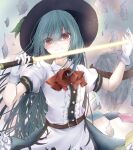  1girl belt black_headwear blue_hair blue_skirt closed_mouth cowboy_shot gloves highres hinanawi_tenshi holding holding_sword holding_weapon leaf long_hair looking_at_viewer outdoors rainbow_order red_eyes rei_rf rock short_sleeves skirt solo standing sword sword_of_hisou touhou weapon white_gloves 