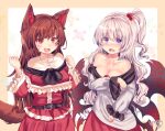  2girls animal_ears bare_shoulders blush breasts brooch brown_hair cosplay costume_switch dress highres imaizumi_kagerou imaizumi_kagerou_(cosplay) jewelry kemo_chiharu long_hair long_sleeves multiple_girls off-shoulder_dress off_shoulder open_mouth red_eyes shinki_(touhou) shinki_(touhou)_(cosplay) tail touhou touhou_(pc-98) wolf_ears wolf_tail 