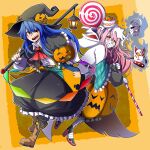 2girls :d ascot bandaged_head bandages black_capelet black_headwear black_skirt blue_hair brown_footwear bubble_skirt cake candy capelet food fox_mask full_body halloween_costume hata_no_kokoro highres hinanawi_tenshi holding holding_candy holding_food holding_lollipop hurin_raika lantern lollipop long_hair long_sleeves looking_at_viewer mask multiple_girls open_mouth plaid rainbow_order red_ascot red_eyes shirt skirt smile touhou v-shaped_eyebrows white_shirt 