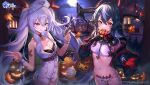  2girls :q azur_lane bare_arms bare_shoulders bikini bikini_under_clothes black_bikini black_choker black_gloves black_hair breasts candy choker closed_mouth doco_(doco3811) food full_moon garter_straps gloves halloween hat highres holding horns jack-o&#039;-lantern lollipop long_hair long_sleeves looking_at_viewer medium_breasts moon multi-strapped_bikini multicolored_hair multiple_girls navel night nurse_cap off_shoulder official_alternate_costume official_art red_eyes red_gloves shirt sleeveless sleeveless_shirt smile stomach streaked_hair swimsuit symbol-shaped_pupils syringe thighs tongue tongue_out twintails two-tone_hair v v-shaped_eyebrows vampire_(azur_lane) vampire_(little_devil_in_white)_(azur_lane) very_long_hair white_bikini white_hair white_shirt wing_collar wrist_cuffs x-shaped_pupils z16_(azur_lane) 
